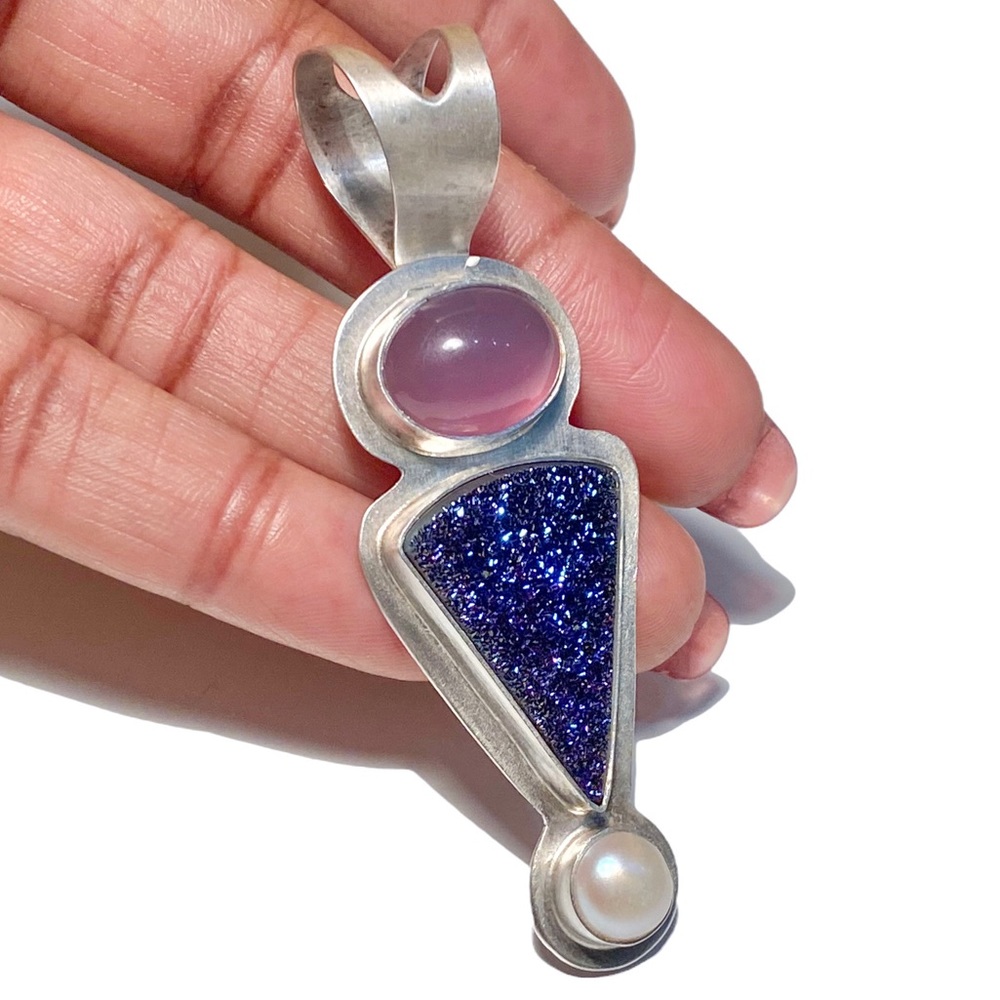 Signed Richard Lindsay Sterling Druzy Pendant, Santa Fe Southwest Style Jewelry